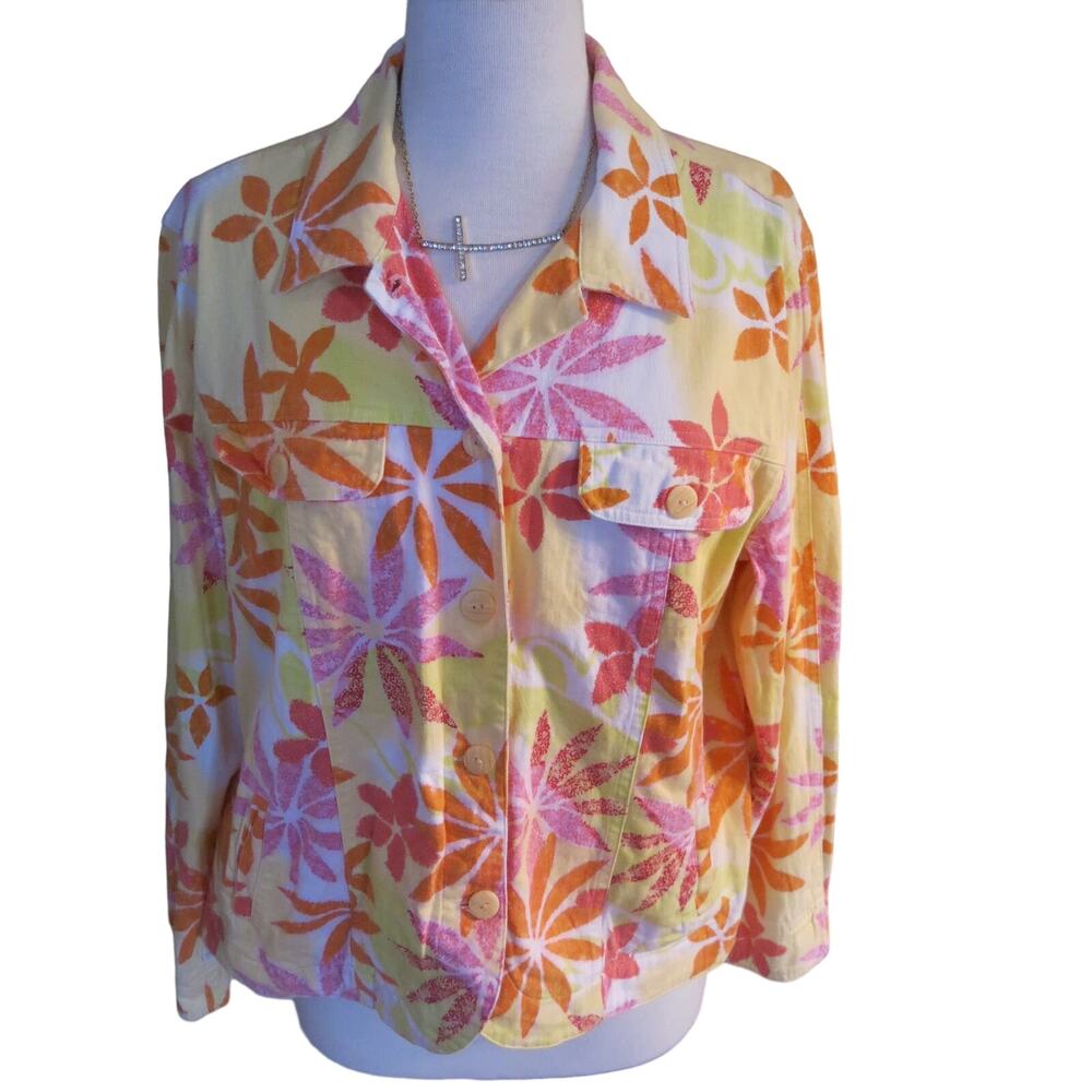 COLDWATER CREEK Jacket Size L Women's Floral Buttons Yellow/Pink Boho Flowers